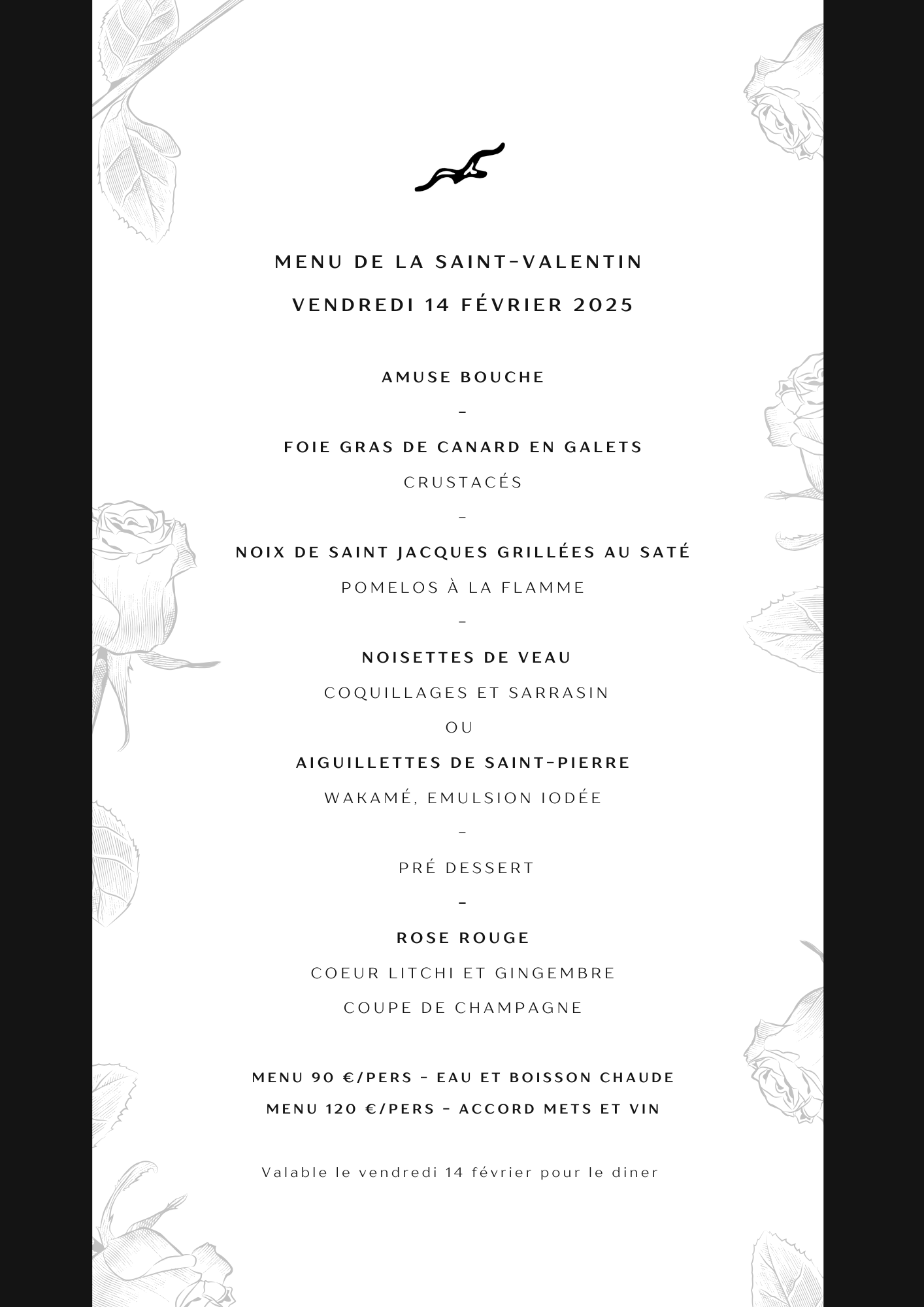 Menu de la Saint Valentin - Diner chandelles - restaurant vue mer proche de Vannes - Menu gastronomique Les Vénètes - accord mets vin